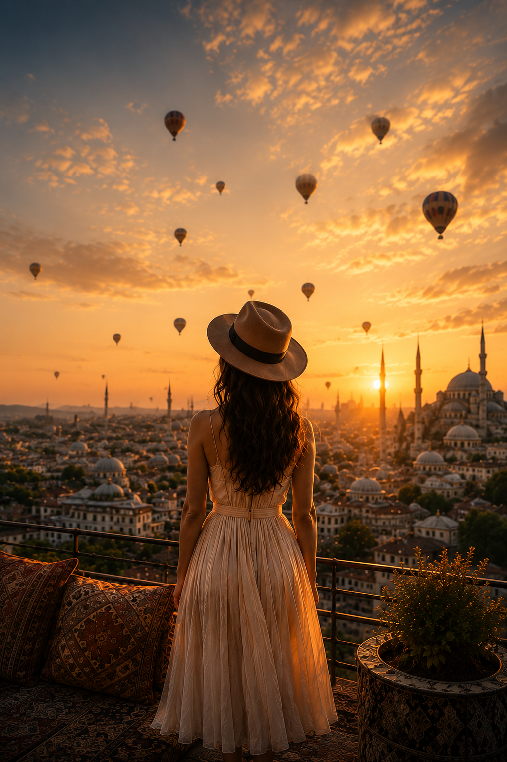 Mujer viajera contemplando un destino de Turquía al atardecer