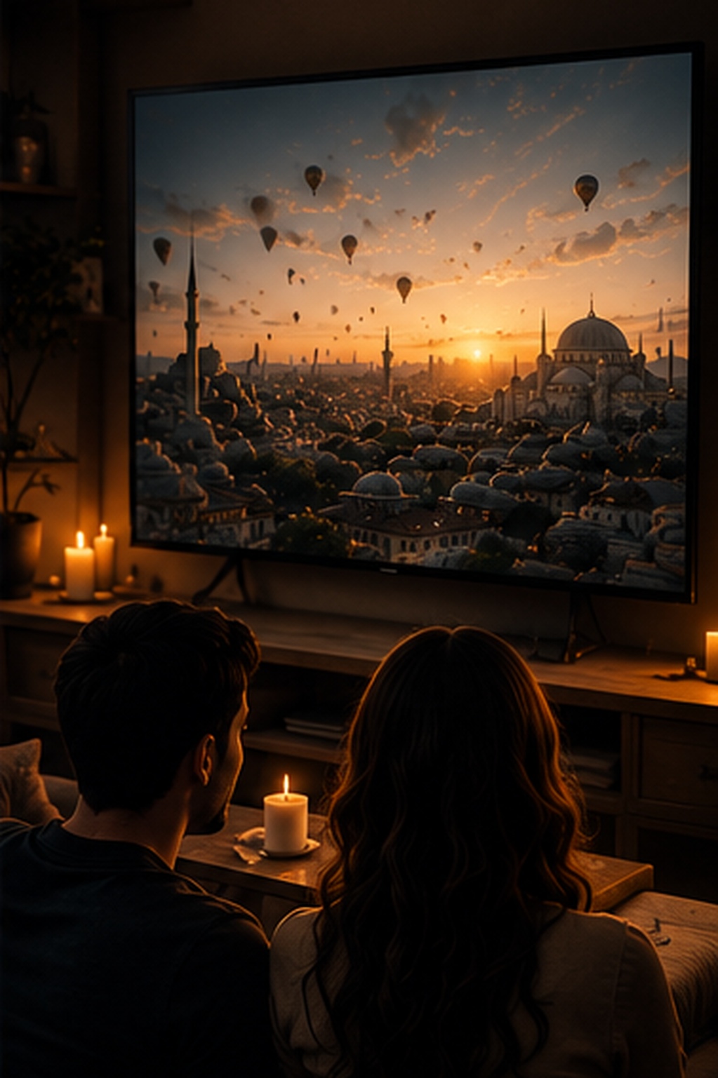 Familia y amigos viendo juntos la película del viaje en una pantalla grande